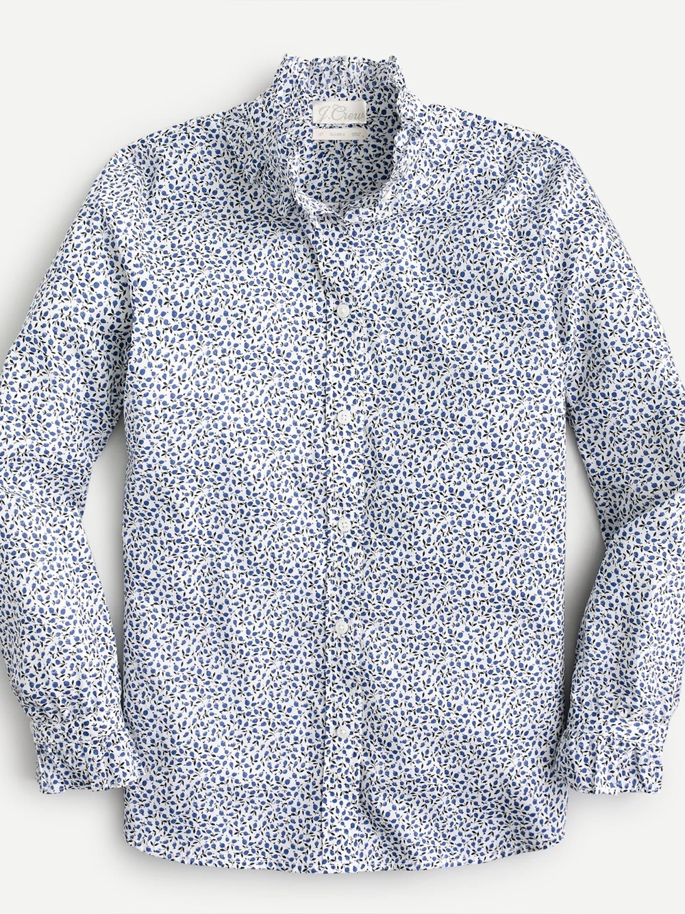 J Crew Liberty white blue micro floral cotton ruffle collar button down size 14